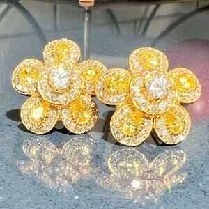 Vintage Yellow Flower Cubic Zirconia/Crystals & Silver 925 Statement Earrings